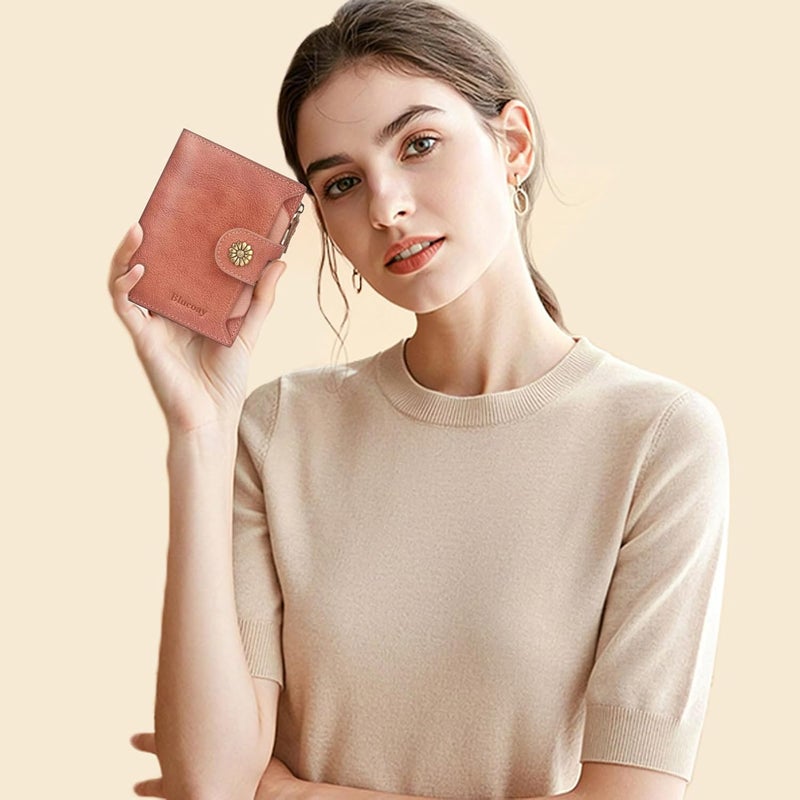 Blucoay Wallet Women,RFID Blocking Leather Womens Wallet Bifold Compact Card Holder Small Wallet for Women with Removable ID Window Pink - Image 2